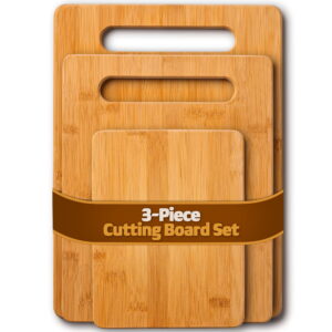 Bamboo Cutting Boards for Kitchen [Set of 3] Wood Cutting Board for Chopping Meat, Vegetables, Fruits, Cheese, Knife Friendly Serving Tray with Handles