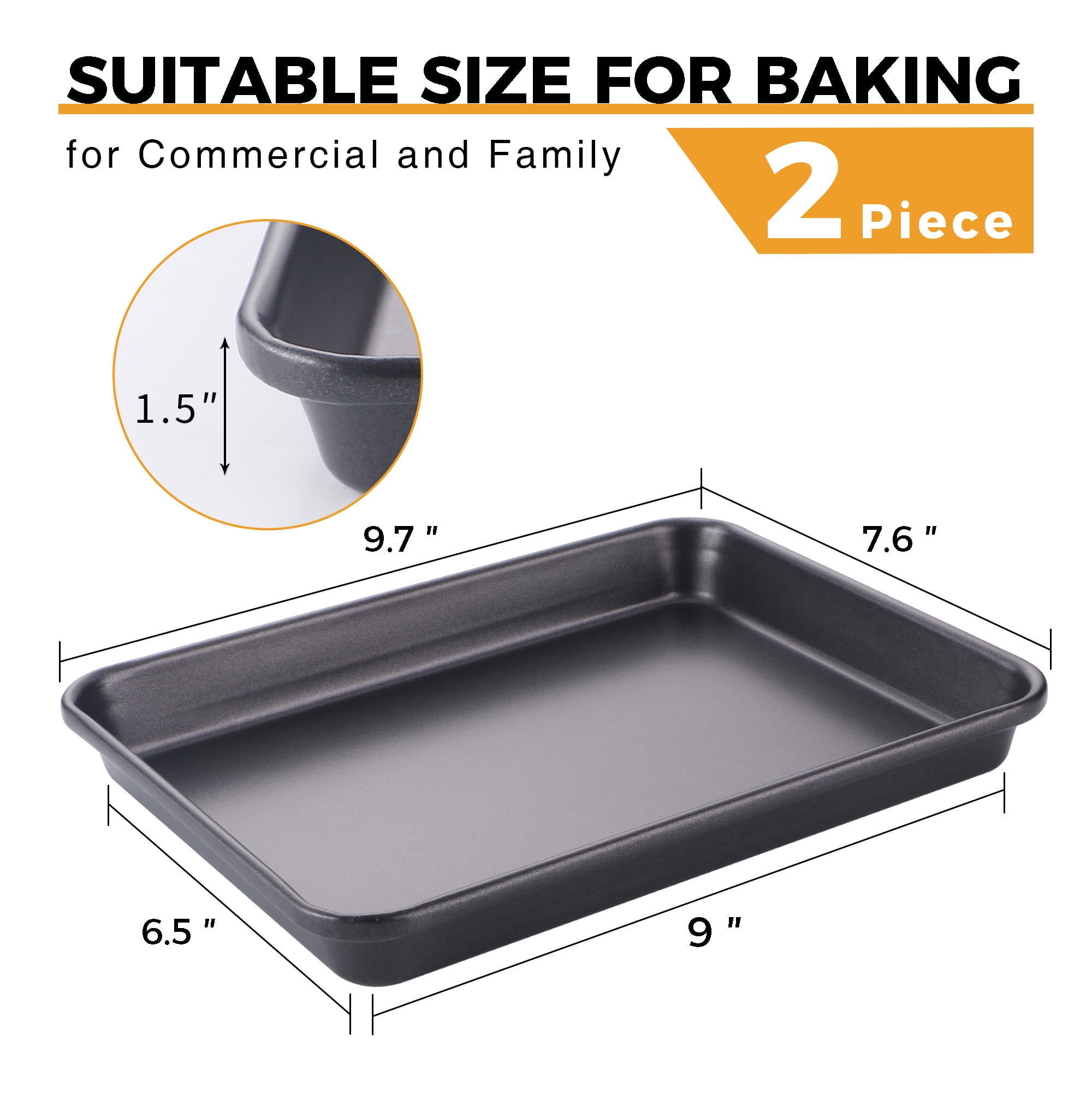 HONGBAKE 2 Pack 9.7"X7.6" Small Cookie Sheet, 57% Thicker Nonstick 1/8 Toaster Oven Pans, Heavy Duty Cookie Sheet Pan Set, Baking Sheet, Black - Image 2