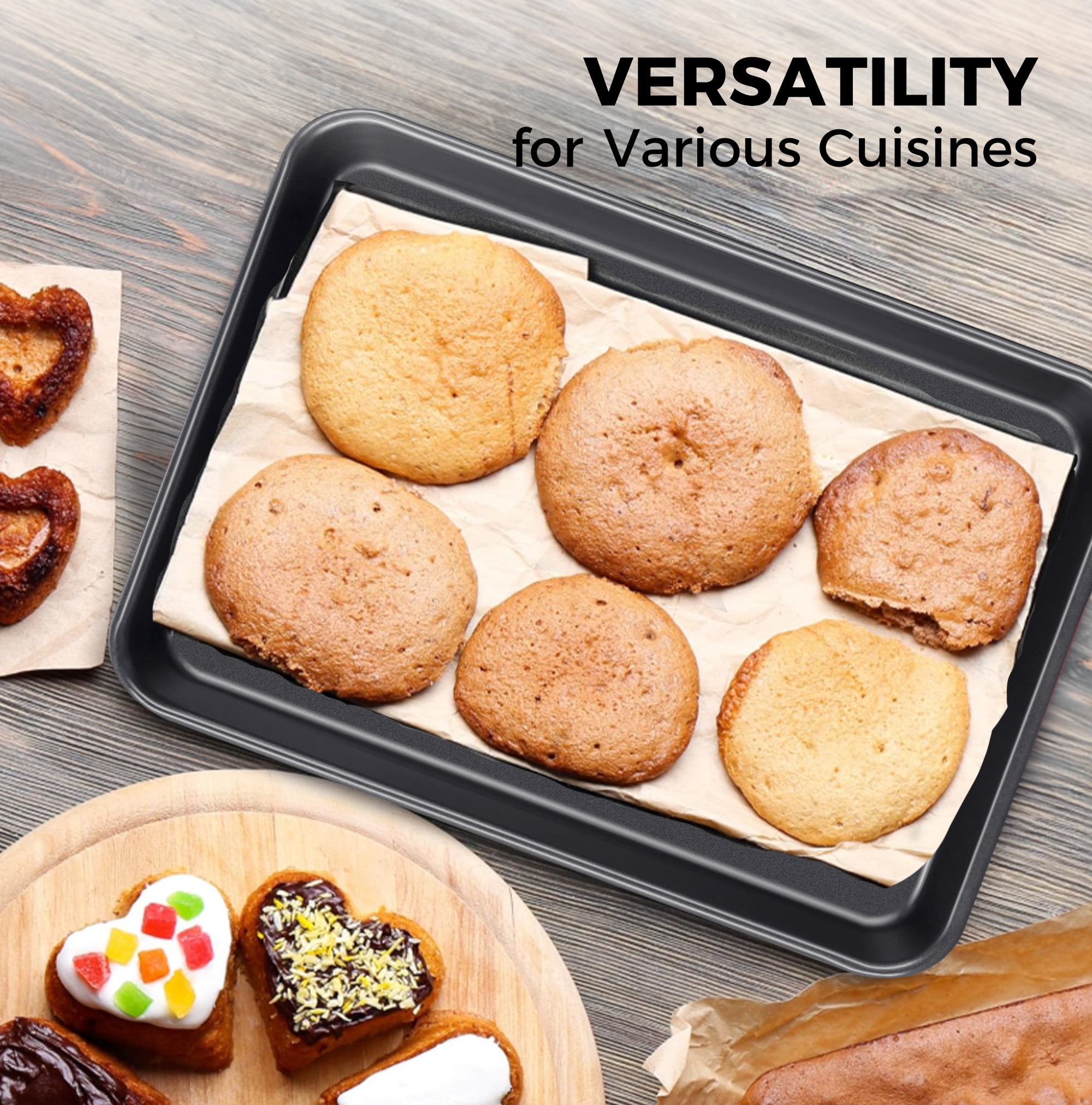 HONGBAKE 2 Pack 9.7"X7.6" Small Cookie Sheet, 57% Thicker Nonstick 1/8 Toaster Oven Pans, Heavy Duty Cookie Sheet Pan Set, Baking Sheet, Black - Image 4