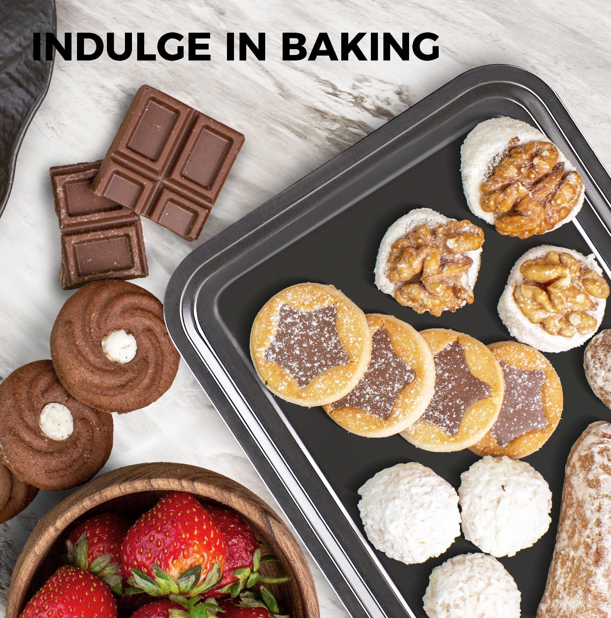 HONGBAKE 2 Pack 9.7"X7.6" Small Cookie Sheet, 57% Thicker Nonstick 1/8 Toaster Oven Pans, Heavy Duty Cookie Sheet Pan Set, Baking Sheet, Black - Image 13