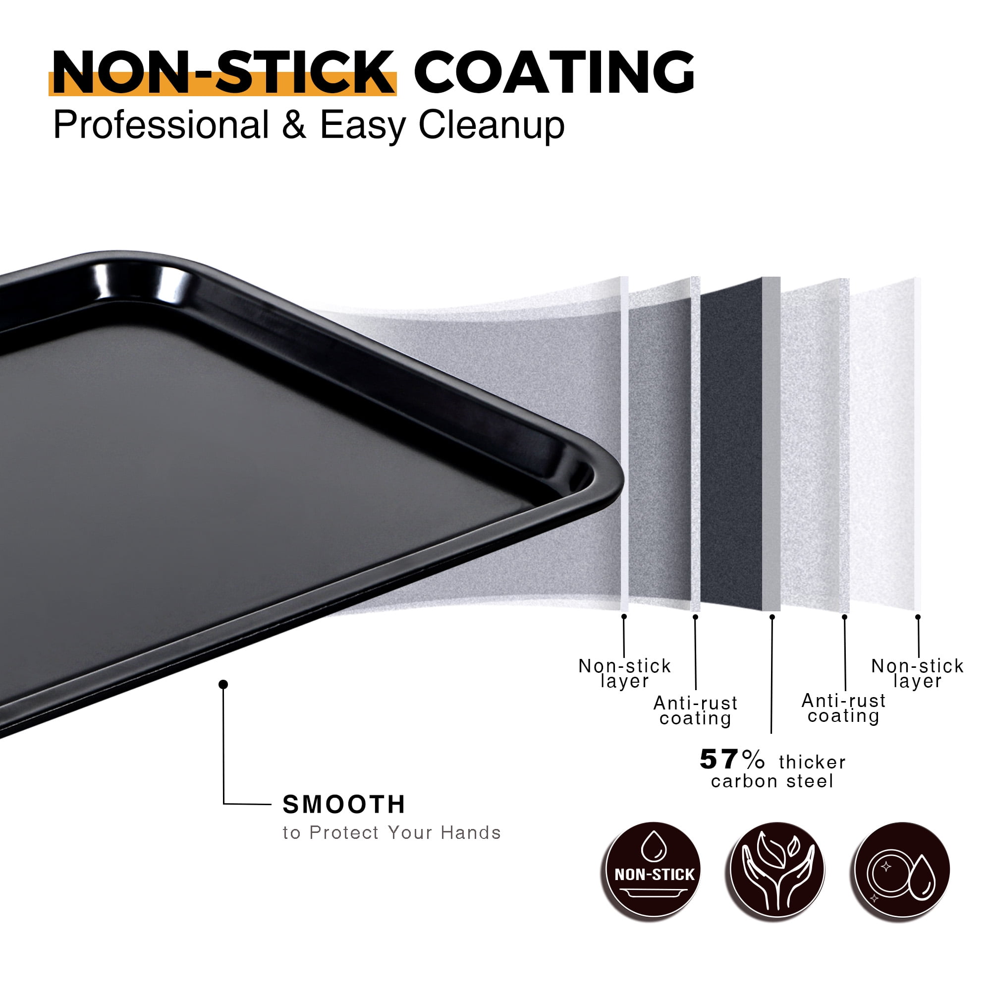 HONGBAKE 2 Pack 9.7"X7.6" Small Cookie Sheet, 57% Thicker Nonstick 1/8 Toaster Oven Pans, Heavy Duty Cookie Sheet Pan Set, Baking Sheet, Black - Image 14