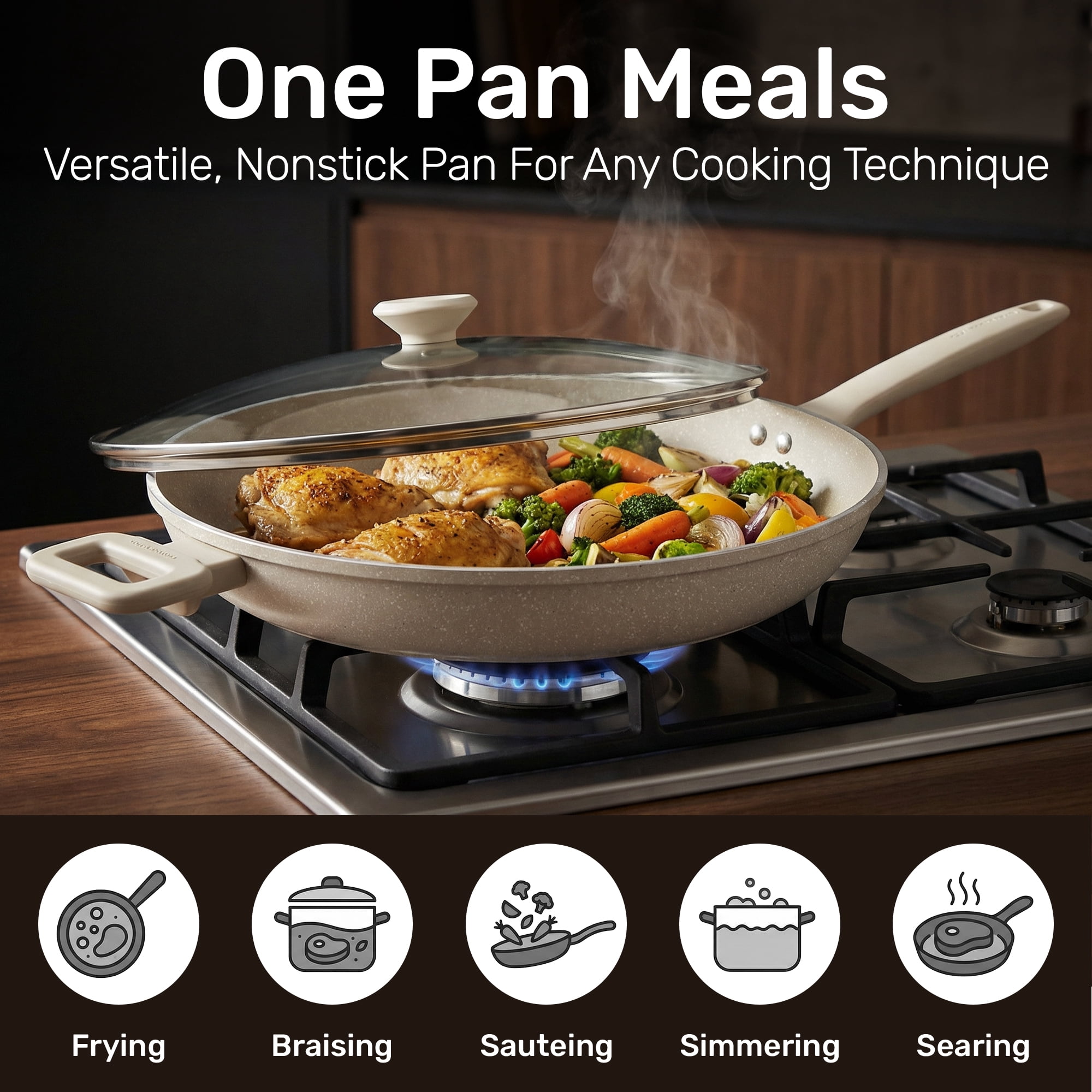 Granitestone 14 Inch Non Stick Frying Pans with Lid, Large Frying Pans Nonstick with Lid, Skillet with Helper Handle, Multipurpose Nonstick Frying Pan with Lid, Dishwasher Safe - Image 2