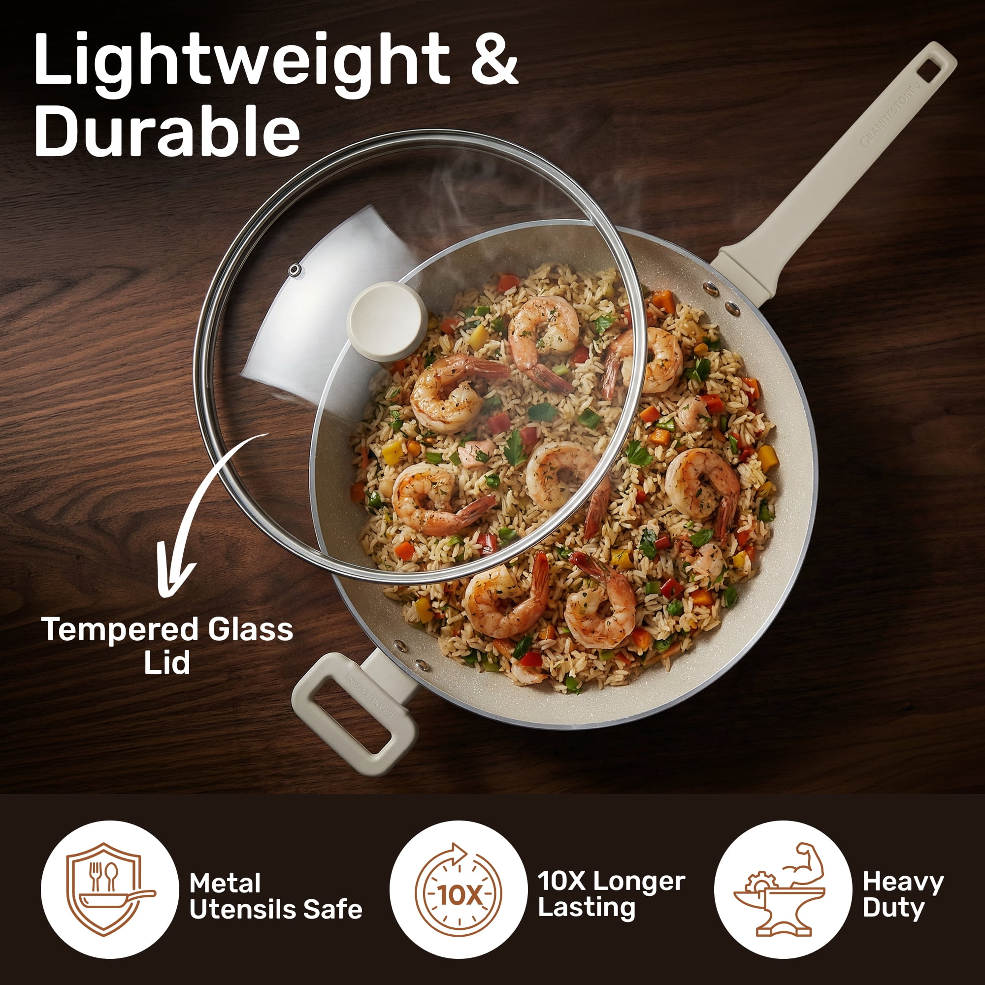 Granitestone 14 Inch Non Stick Frying Pans with Lid, Large Frying Pans Nonstick with Lid, Skillet with Helper Handle, Multipurpose Nonstick Frying Pan with Lid, Dishwasher Safe - Image 3