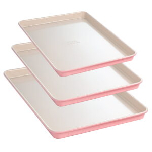 Paris Hilton 3-Piece Nonstick Cookie Sheet Pan Bakeware Set, Carbon Steel Baking Sheets, Dishwasher Safe, Pink