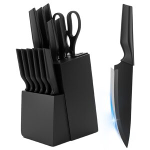Tebru Kitchen Knife Set, 14 Pcs Knives Block Set with Built-in Sharpener, Healthy Anti-Rust Coating & Stainless Steel Knife Set, Dishwasher Safe Black