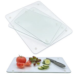 Set of 4 Tempered Glass Cutting Boards for Kitchen, Clear Non-Slip Chopping Boards with Rubber Feet, Heat-Resistant Shatterproof Countertop Protector, 2 Sizes (16"x12" & 12"x8")