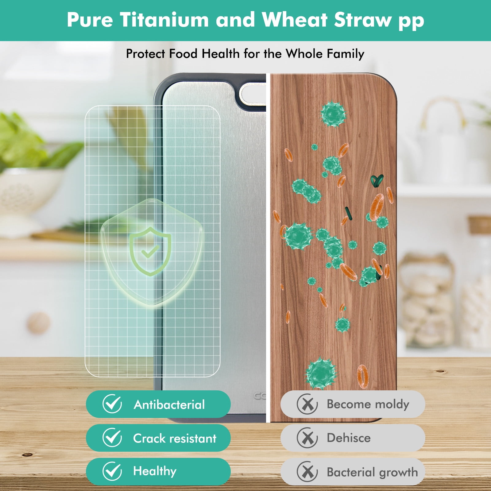 Titanium Cutting Board for Kitchen, Cutting Board Double Sided Food Grade, Pure Titanium and Wheat Straw PP, Easy to Clean Large Size 16”×11” - Image 2