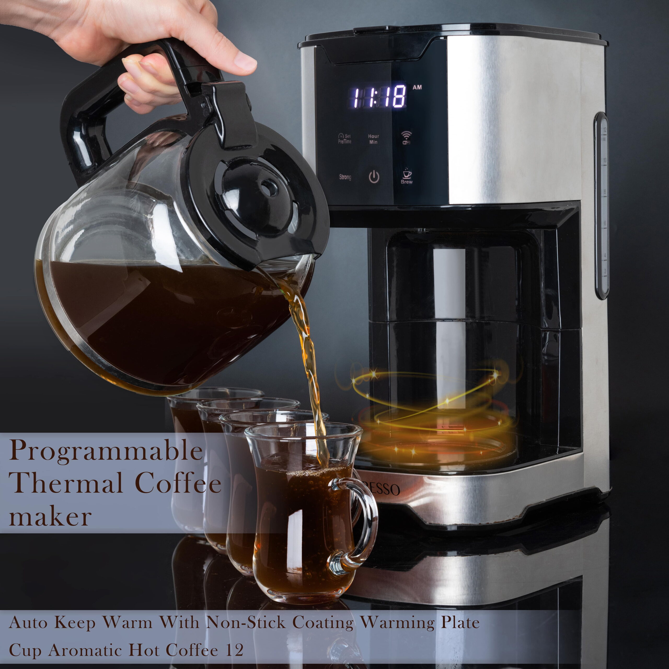 Mixpresso 12 Cup Coffee Pot, Auto-Off & Reusable Filter, Large Drip Coffee Maker 12 Cup Borosilicate Glass Carafe, Anti-Drip Coffee Machine Water Level Window, Black Electric Coffee Maker - Image 35