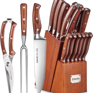 Knife Block Set, D.Perlla 16 Pieces German Stainless Steel Professional Kitchen Knife Set with Carving Fork