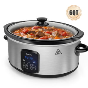 Bluebow 6QT Slow Cooker, Stoneware Crock Removable Pot, 3 Heat Settings, Non-Stick, Auto Keep Warm, Stainless Steel