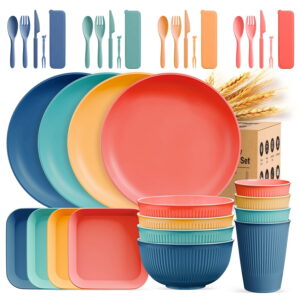 TINANA Wheat Straw Dinnerware Set, Service for 4, 36 PCS Unbreakable Plastic Plates and Bowls Sets, Dishwasher Microwave Safe - Multi Color