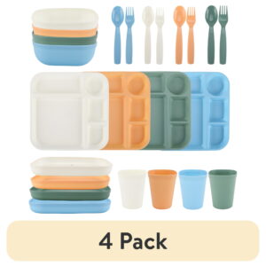 (4 pack) Your Zone 24-Piece Plastic Square Dinnerware Set for Kids with 4 Trays, Bowls, Plates, Cups, Forks, Spoons in Cream, Orange, Green, Blue