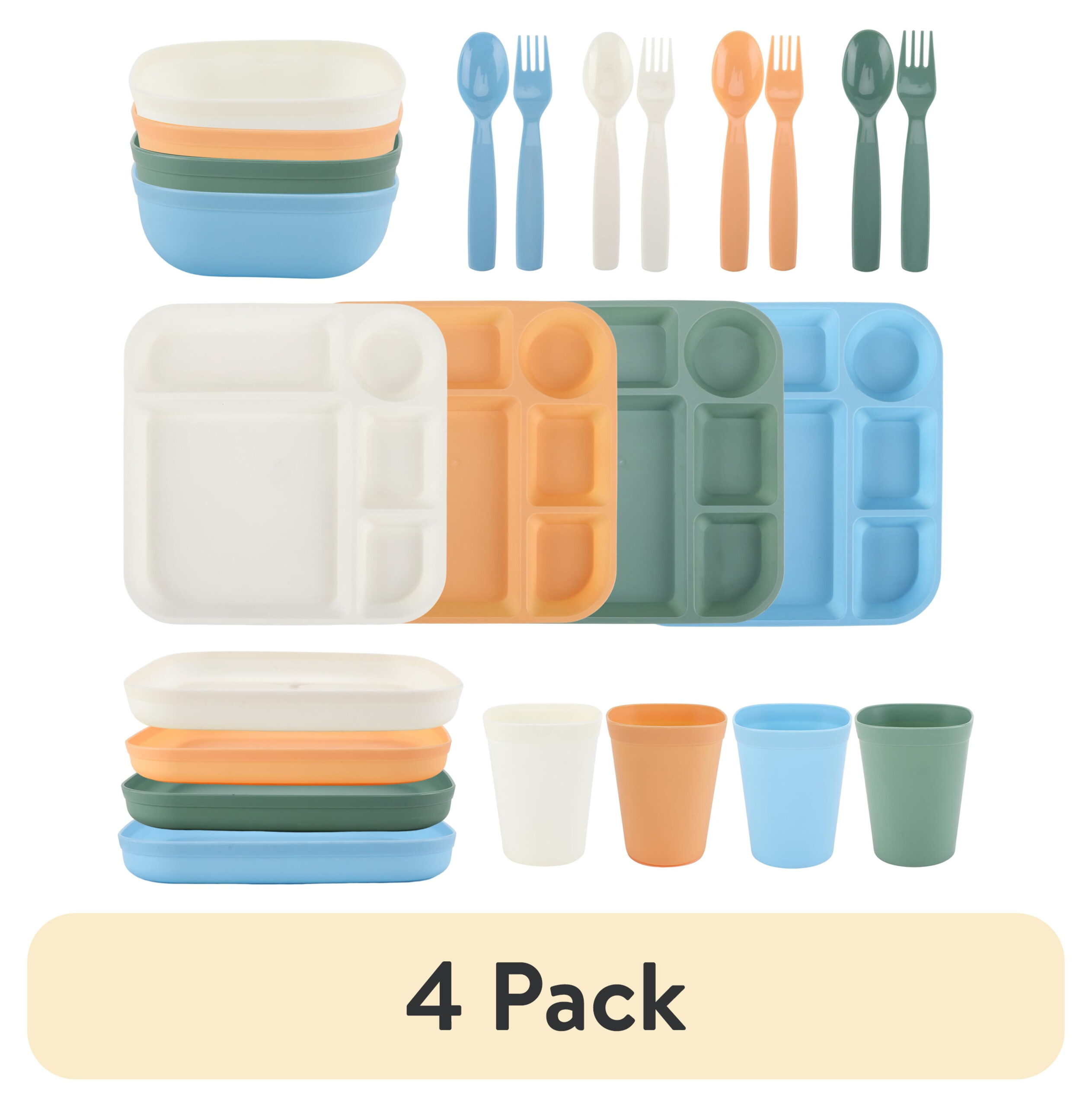 (4 pack) Your Zone 24-Piece Plastic Square Dinnerware Set for Kids with 4 Trays, Bowls, Plates, Cups, Forks, Spoons in Cream, Orange, Green, Blue