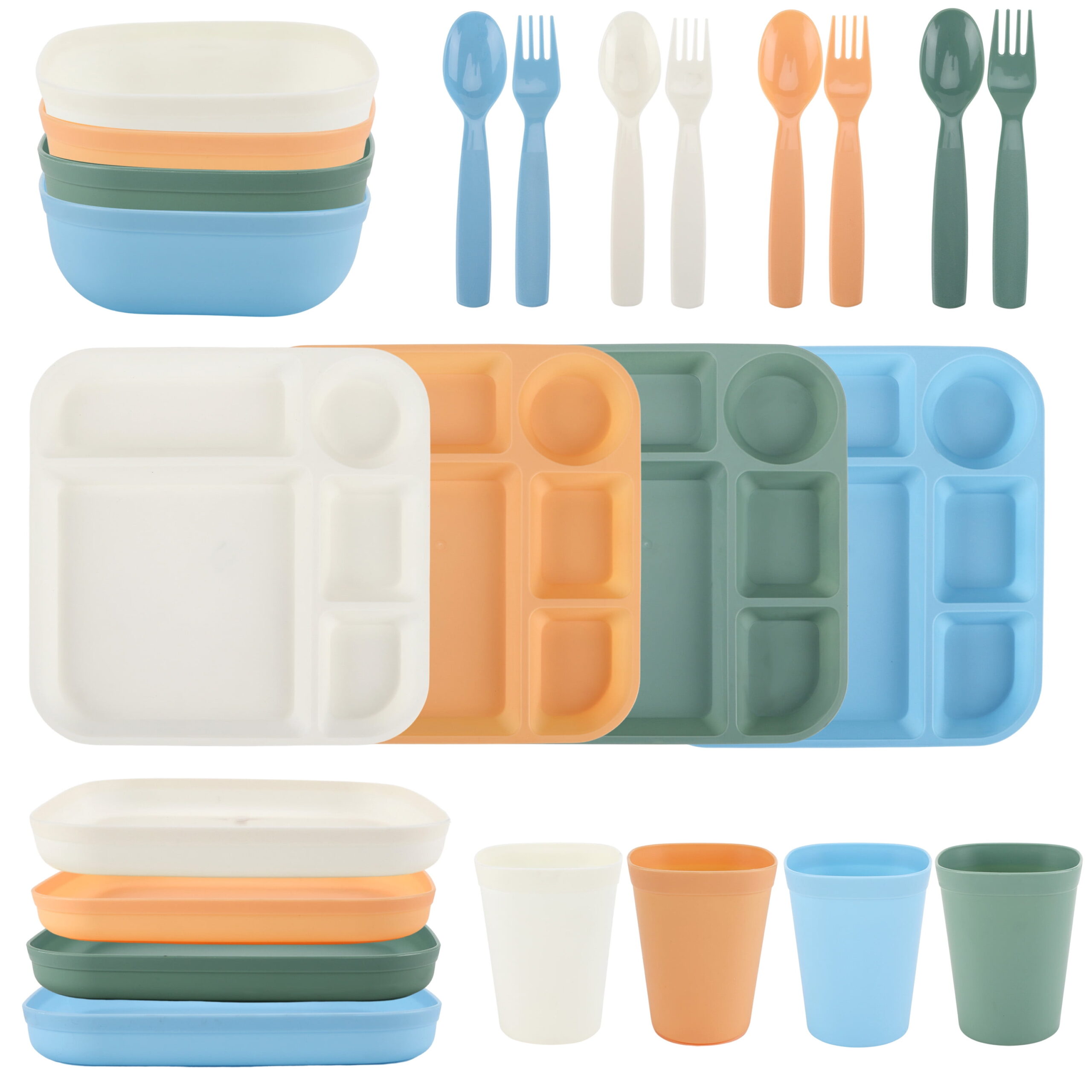 (4 pack) Your Zone 24-Piece Plastic Square Dinnerware Set for Kids with 4 Trays, Bowls, Plates, Cups, Forks, Spoons in Cream, Orange, Green, Blue - Image 2