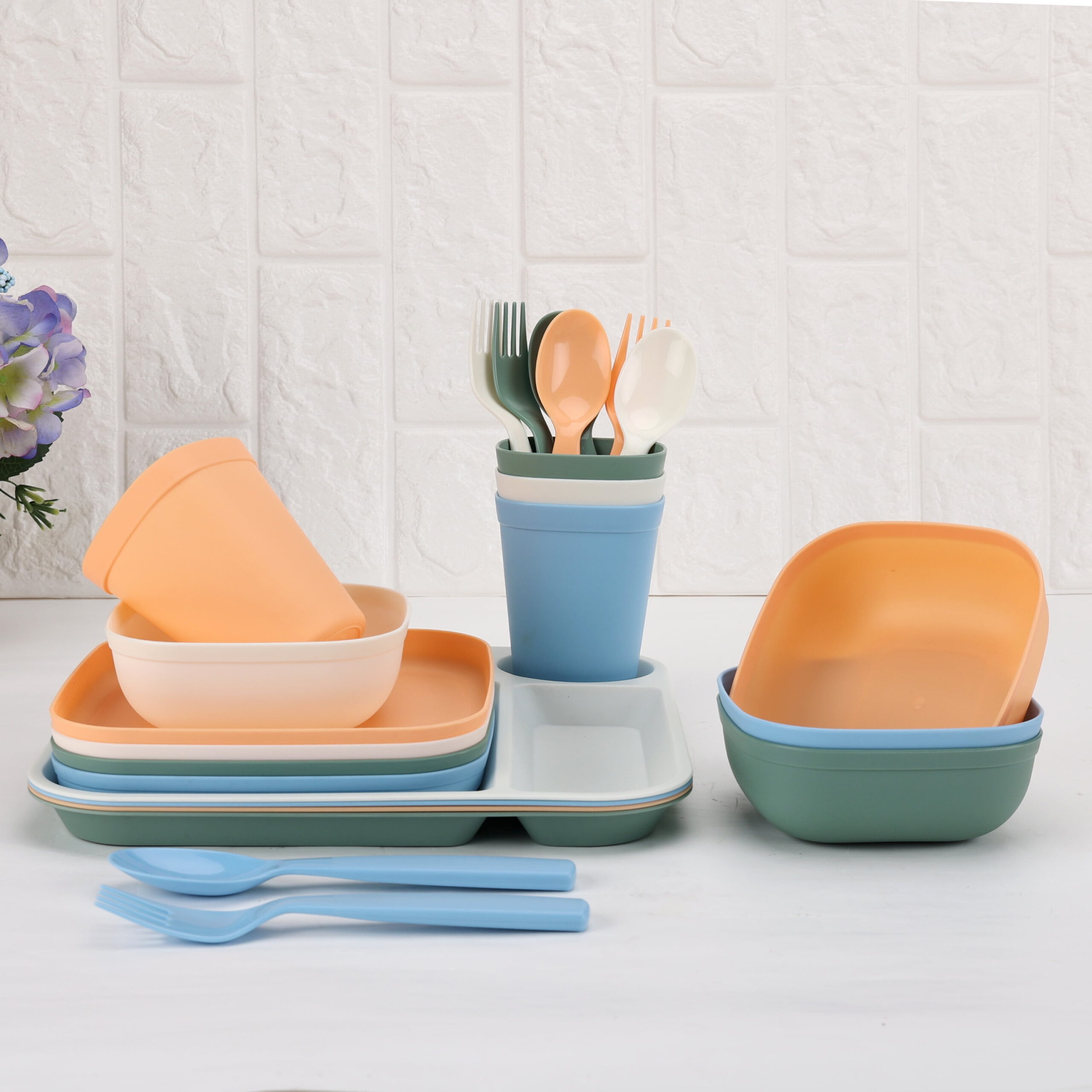 (4 pack) Your Zone 24-Piece Plastic Square Dinnerware Set for Kids with 4 Trays, Bowls, Plates, Cups, Forks, Spoons in Cream, Orange, Green, Blue - Image 8