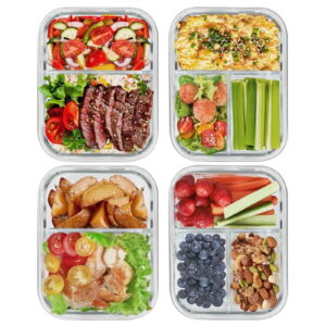 8 Pcs Glass Food Storage Containers with Lids, 2 & 3 Compartment Glass Airtight Meal Prep Containers (4 Containers & 4 Lids), Oven & Freezer Safe, Leak Proof - Grey