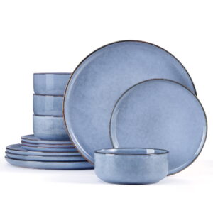 Onader 12 Piece Stoneware Dinnerware Sets, Plates and Bowls Dish Set for 4, Speckled Kitchen Dining Plates and Bowls, Dishwasher & Microwave Safe - Grey Blue