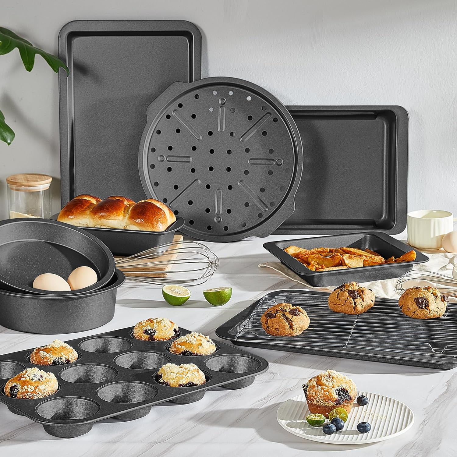 HONGBAKE Bakeware Sets, Baking Pans Set, Nonstick Oven Pan for Kitchen with Wider Grips, 10 Pieces Including Rack, Cookie Sheet, Cake Pans, Loaf Pan, Muffin Pan, Pizza Pan - Grey - Image 3