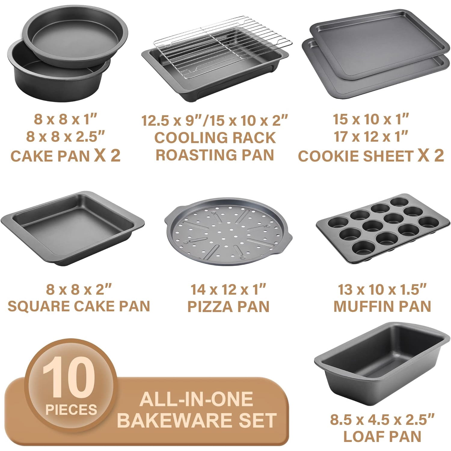 HONGBAKE Bakeware Sets, Baking Pans Set, Nonstick Oven Pan for Kitchen with Wider Grips, 10 Pieces Including Rack, Cookie Sheet, Cake Pans, Loaf Pan, Muffin Pan, Pizza Pan - Grey - Image 4