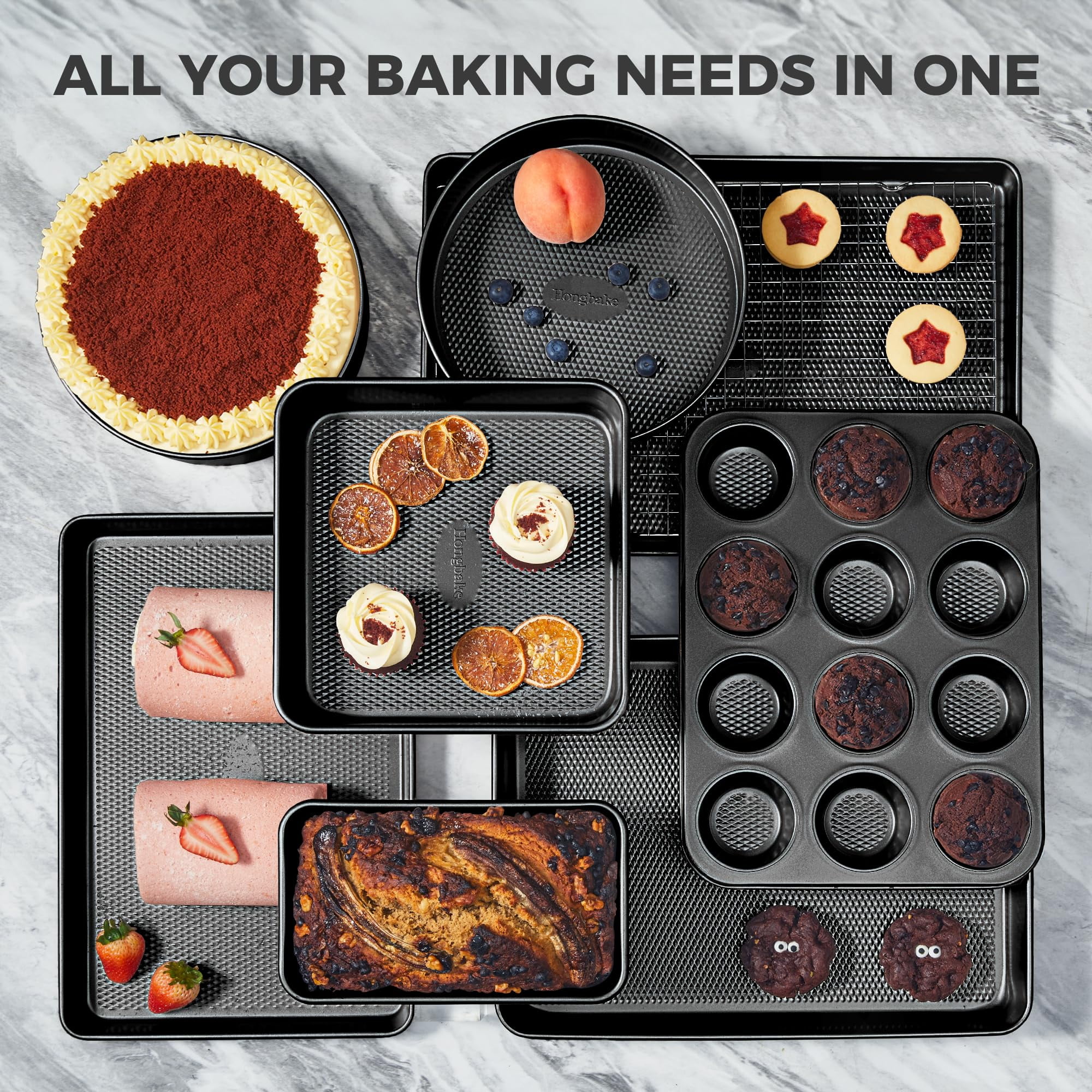 HONGBAKE Bakeware Sets, Baking Pans Set, Nonstick Oven Pan for Kitchen with Wider Grips, 10 Pieces Including Rack, Cookie Sheet, Cake Pans, Loaf Pan, Muffin Pan, Pizza Pan - Grey - Image 10