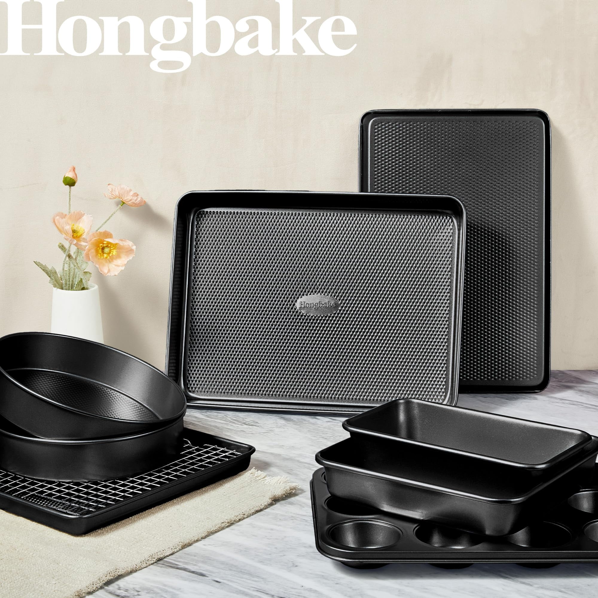 HONGBAKE Bakeware Sets, Baking Pans Set, Nonstick Oven Pan for Kitchen with Wider Grips, 10 Pieces Including Rack, Cookie Sheet, Cake Pans, Loaf Pan, Muffin Pan, Pizza Pan - Grey - Image 14