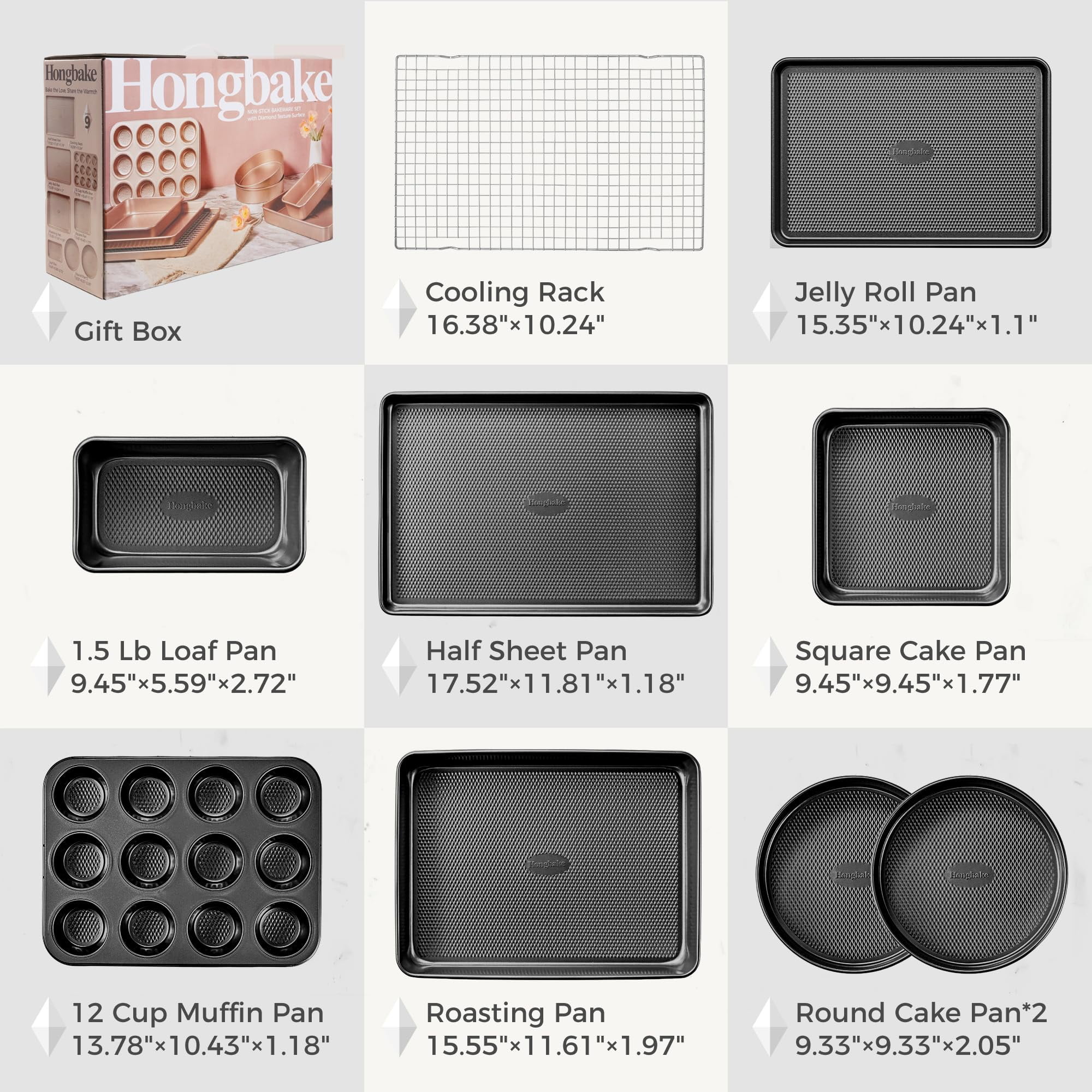 HONGBAKE Bakeware Sets, Baking Pans Set, Nonstick Oven Pan for Kitchen with Wider Grips, 10 Pieces Including Rack, Cookie Sheet, Cake Pans, Loaf Pan, Muffin Pan, Pizza Pan - Grey - Image 16