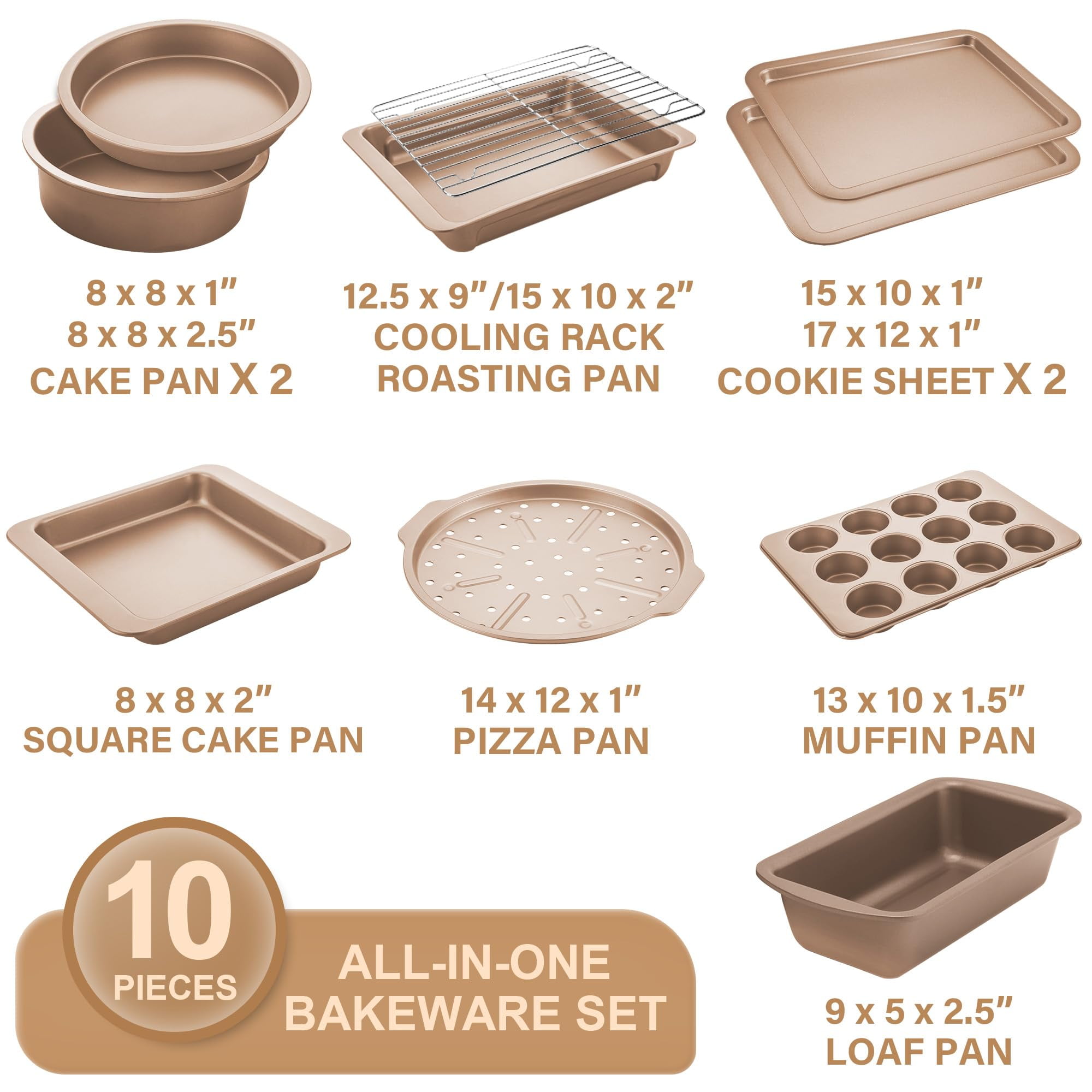 HONGBAKE Bakeware Sets, Baking Pans Set, Nonstick Oven Pan for Kitchen with Wider Grips, 10 Pieces Including Rack, Cookie Sheet, Cake Pans, Loaf Pan, Muffin Pan, Pizza Pan - Grey - Image 20