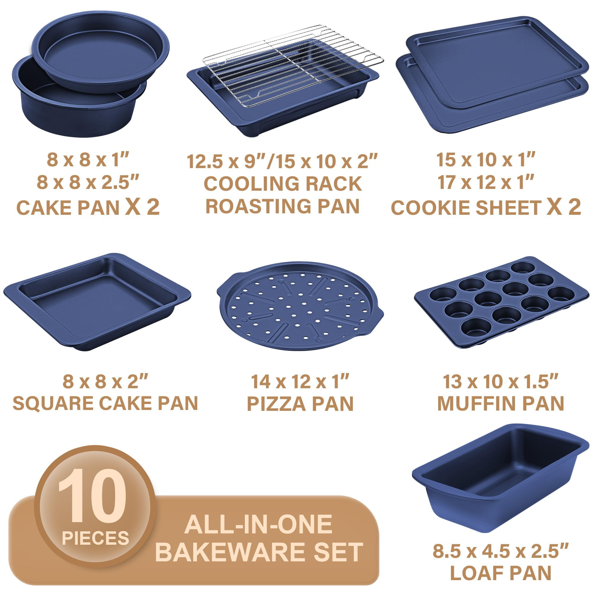 HONGBAKE Bakeware Sets, Baking Pans Set, Nonstick Oven Pan for Kitchen with Wider Grips, 10 Pieces Including Rack, Cookie Sheet, Cake Pans, Loaf Pan, Muffin Pan, Pizza Pan - Grey - Image 25