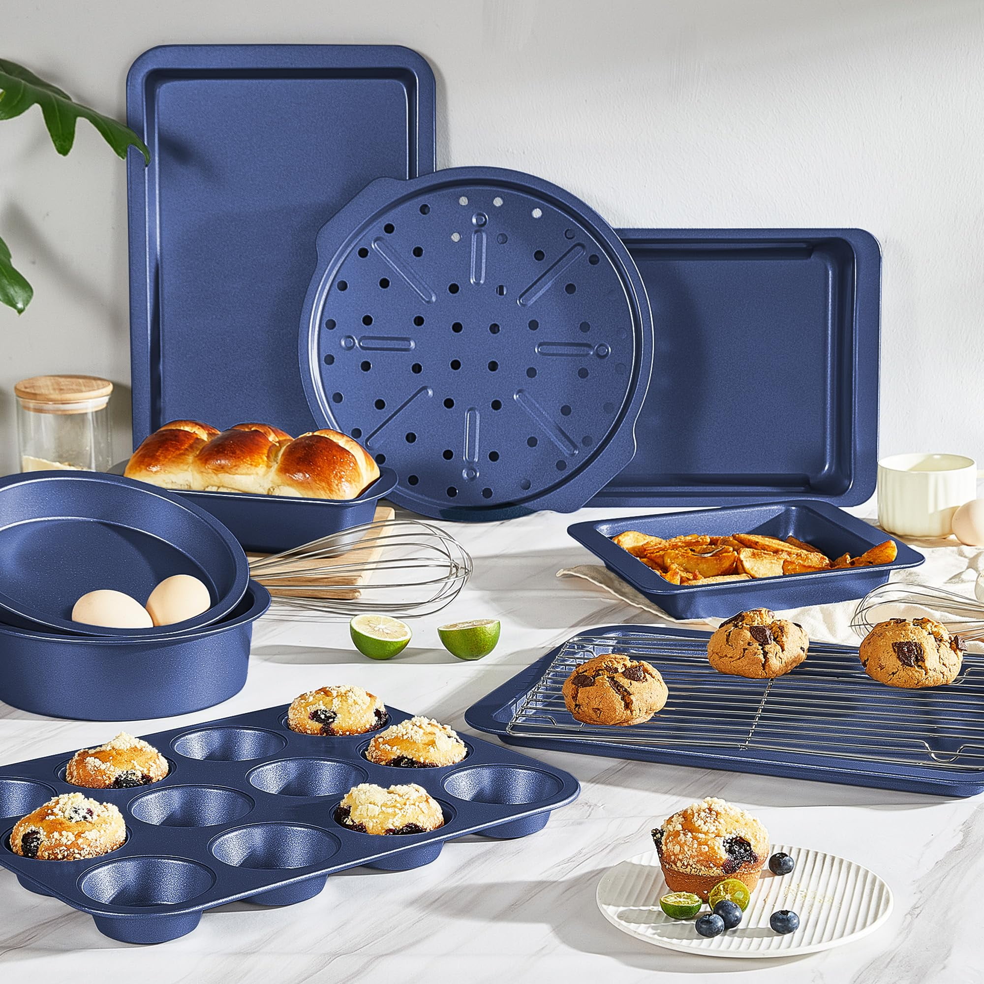 HONGBAKE Bakeware Sets, Baking Pans Set, Nonstick Oven Pan for Kitchen with Wider Grips, 10 Pieces Including Rack, Cookie Sheet, Cake Pans, Loaf Pan, Muffin Pan, Pizza Pan - Grey - Image 27