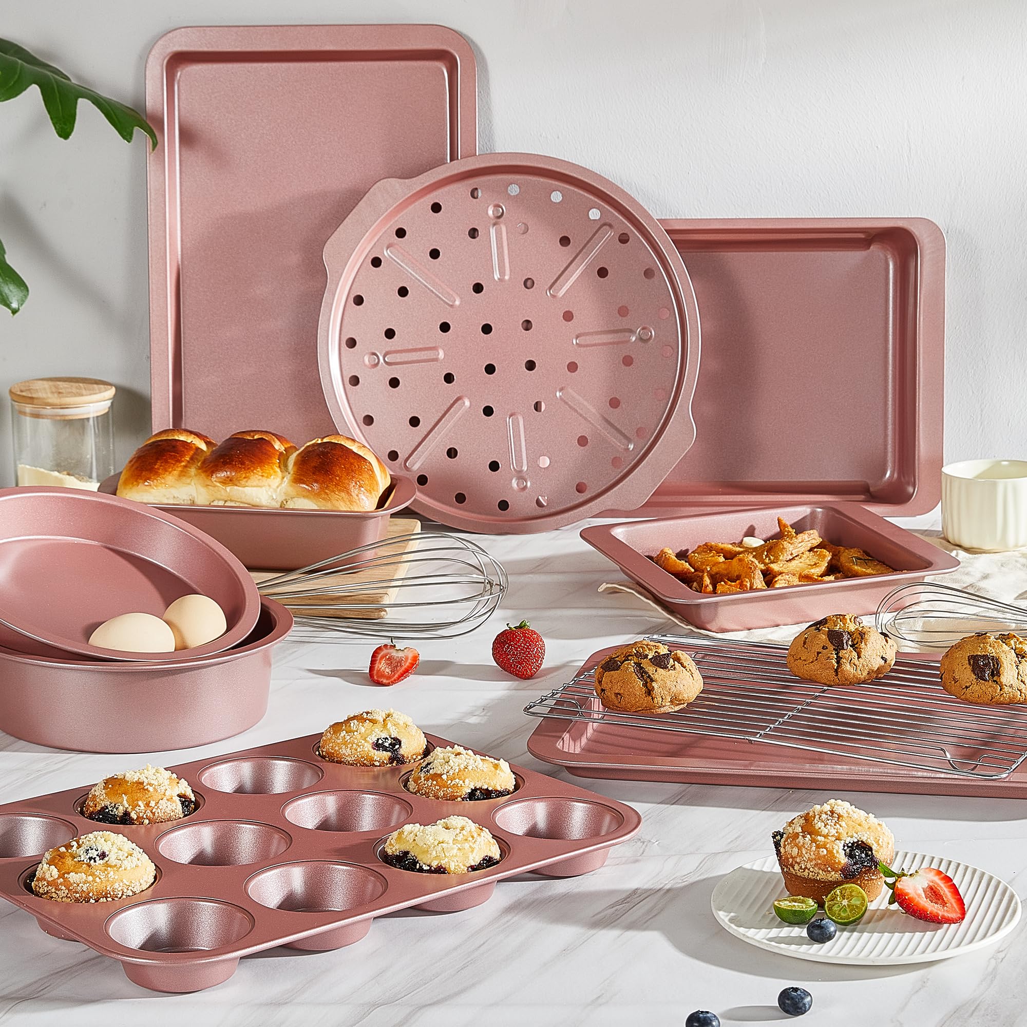 HONGBAKE Bakeware Sets, Baking Pans Set, Nonstick Oven Pan for Kitchen with Wider Grips, 10 Pieces Including Rack, Cookie Sheet, Cake Pans, Loaf Pan, Muffin Pan, Pizza Pan - Grey - Image 42