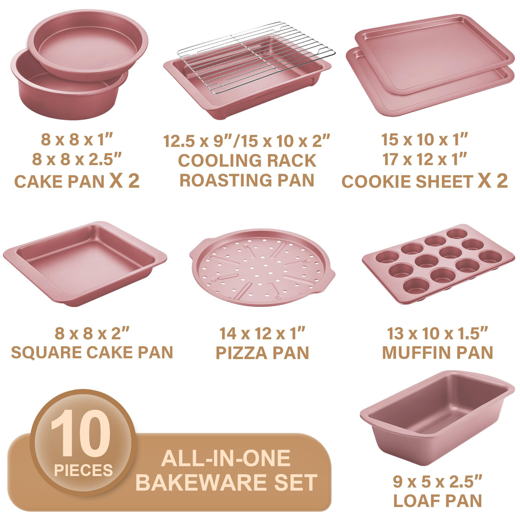 HONGBAKE Bakeware Sets, Baking Pans Set, Nonstick Oven Pan for Kitchen with Wider Grips, 10 Pieces Including Rack, Cookie Sheet, Cake Pans, Loaf Pan, Muffin Pan, Pizza Pan - Grey - Image 45