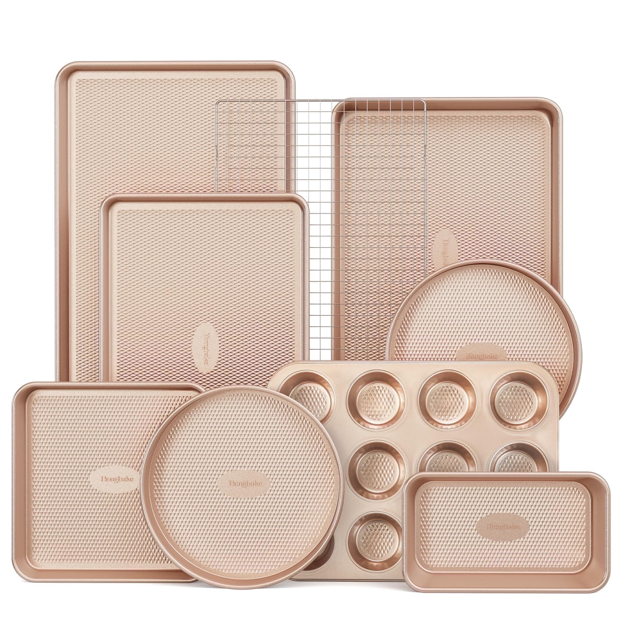 HONGBAKE Bakeware Sets, Baking Pans Set, Nonstick Oven Pan for Kitchen with Wider Grips, 10 Pieces Including Rack, Cookie Sheet, Cake Pans, Loaf Pan, Muffin Pan, Pizza Pan - Grey - Image 48