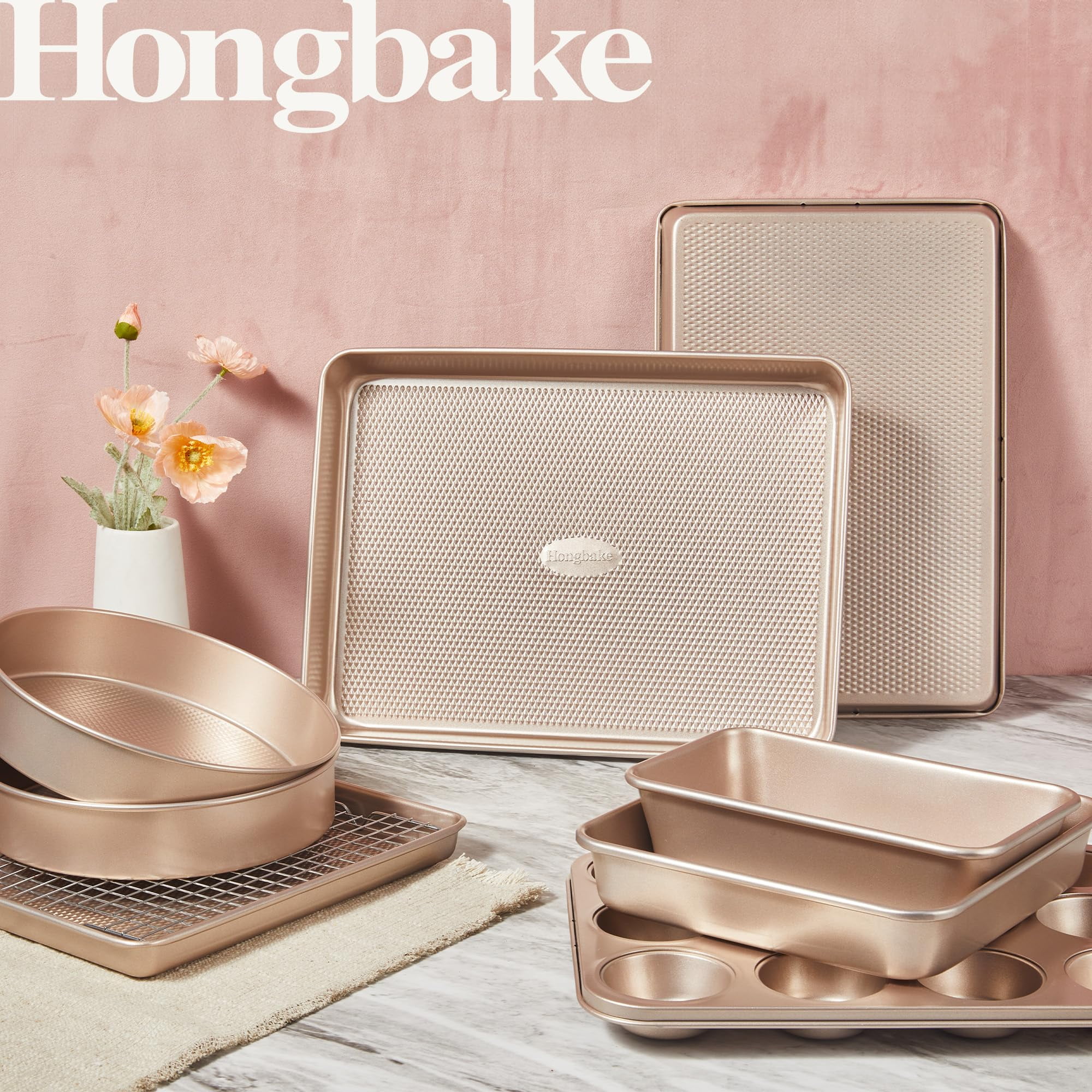 HONGBAKE Bakeware Sets, Baking Pans Set, Nonstick Oven Pan for Kitchen with Wider Grips, 10 Pieces Including Rack, Cookie Sheet, Cake Pans, Loaf Pan, Muffin Pan, Pizza Pan - Grey - Image 55