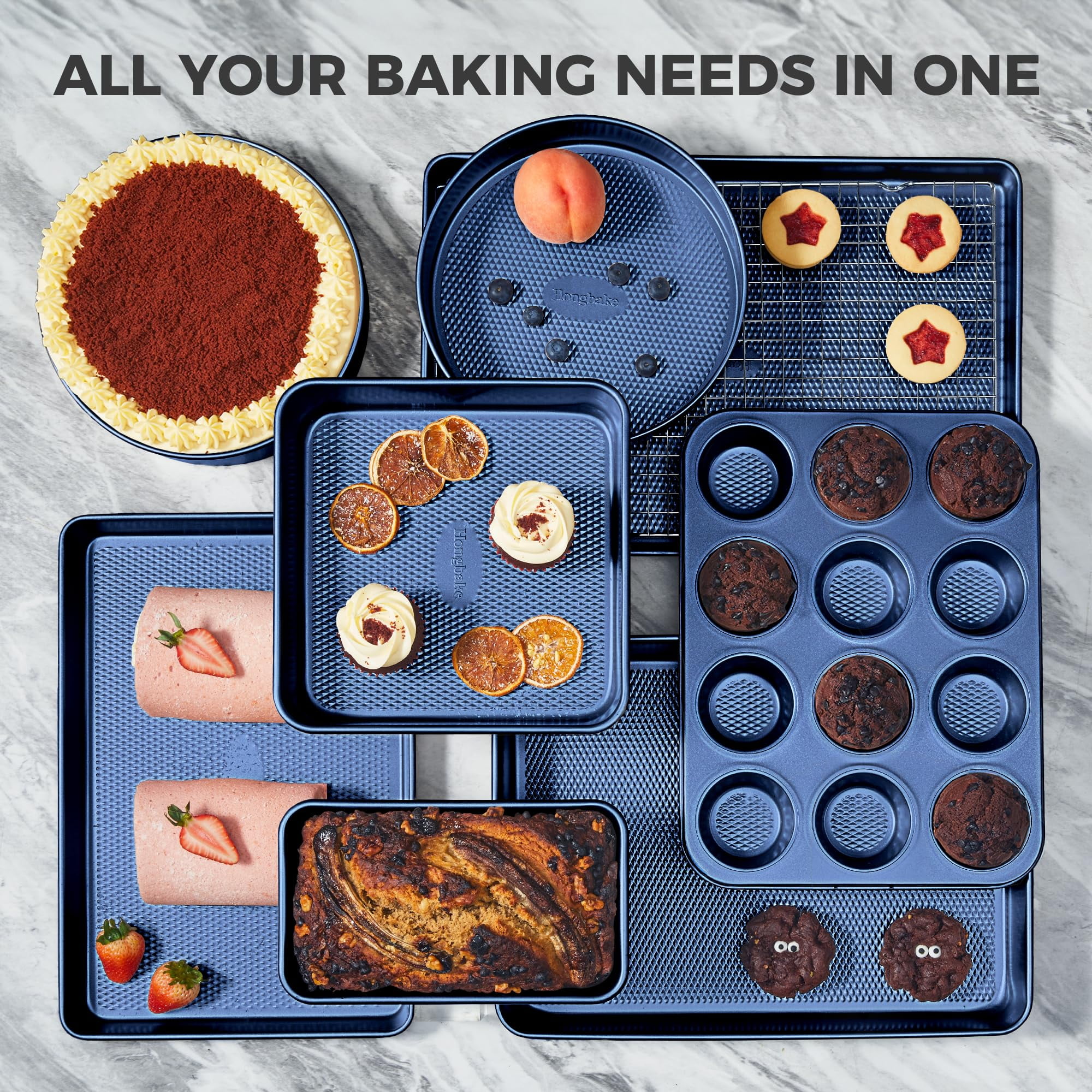 HONGBAKE Bakeware Sets, Baking Pans Set, Nonstick Oven Pan for Kitchen with Wider Grips, 10 Pieces Including Rack, Cookie Sheet, Cake Pans, Loaf Pan, Muffin Pan, Pizza Pan - Grey - Image 62