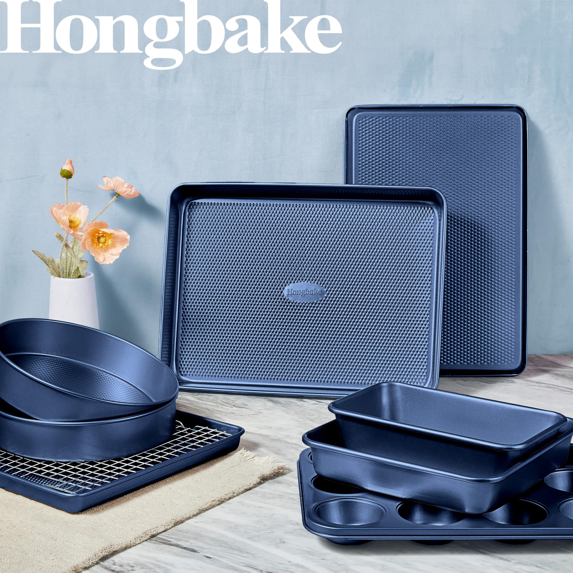 HONGBAKE Bakeware Sets, Baking Pans Set, Nonstick Oven Pan for Kitchen with Wider Grips, 10 Pieces Including Rack, Cookie Sheet, Cake Pans, Loaf Pan, Muffin Pan, Pizza Pan - Grey - Image 64