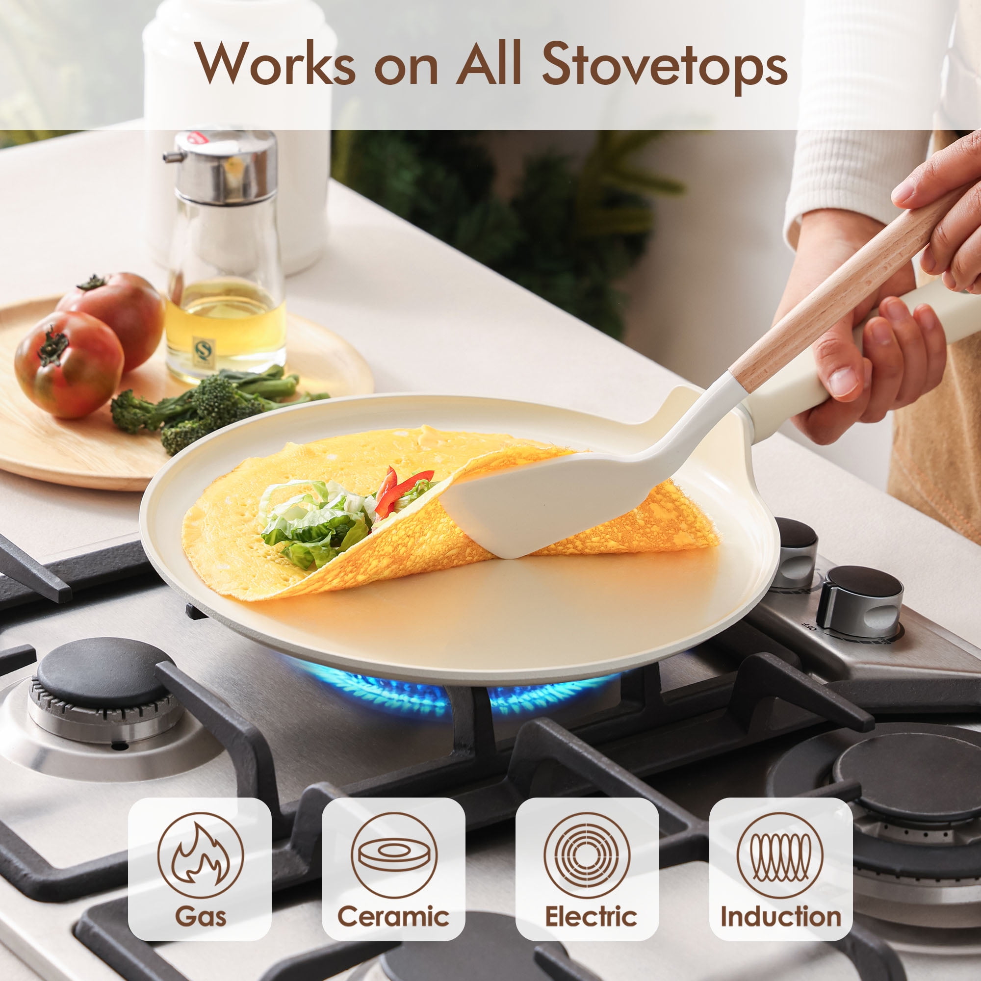 SENSARTE Ceramic 11'' Nonstick Crepe Pan with Spreader, Dosa Pan Pancake Pan with Anti-Scald Handle, Induction Compatible, Easy to Clean, White - Image 3