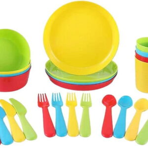 Kids Dinnerware Set PLASKIDY for 4 - 24 Piece Plastic Childrens Dishes Dinnerware Sets Microwave / Dishwasher Safe BPA Free - Toddler Dinner Set Includes Kids Plates and Bowls Kids Cups Flatware Set