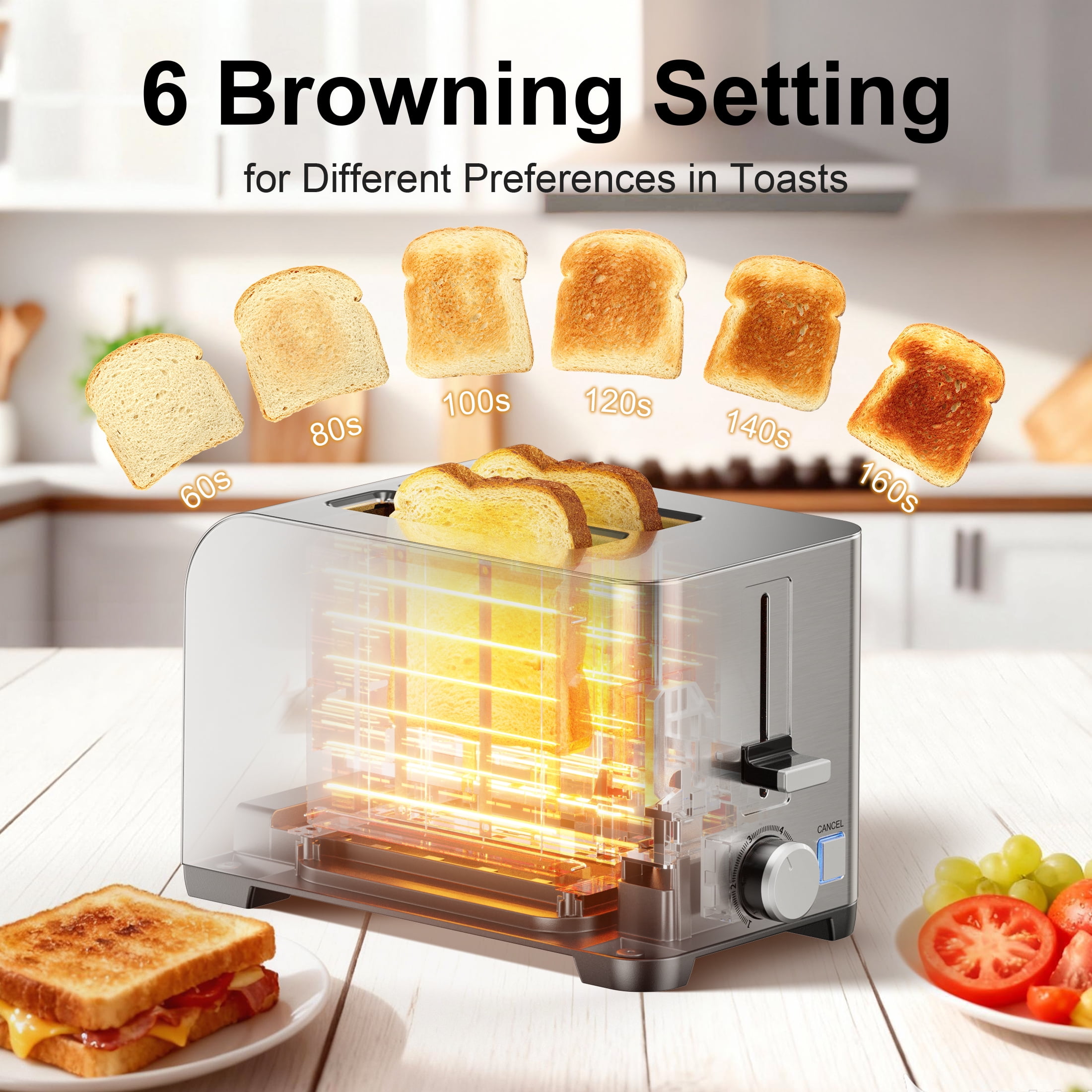 Tomeem 2-Slice Toaster with 6 Shade Settings, Removable Crumb Tray and Self-centering Guide, Stainless Steel - Image 2