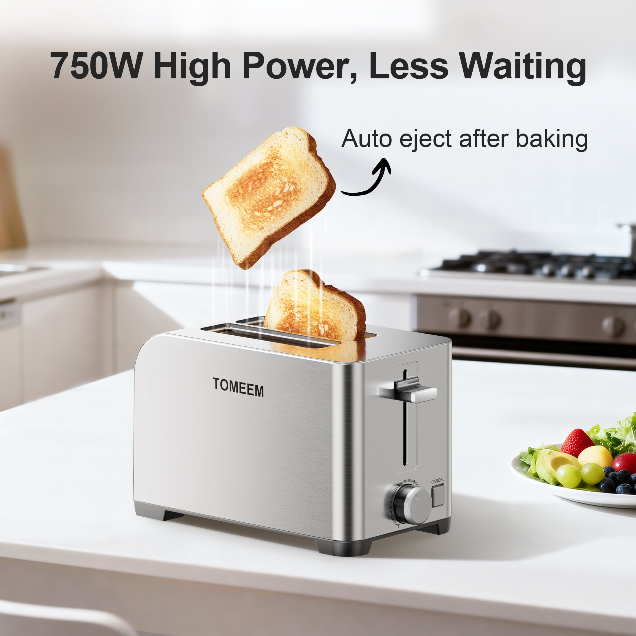 Tomeem 2-Slice Toaster with 6 Shade Settings, Removable Crumb Tray and Self-centering Guide, Stainless Steel - Image 4