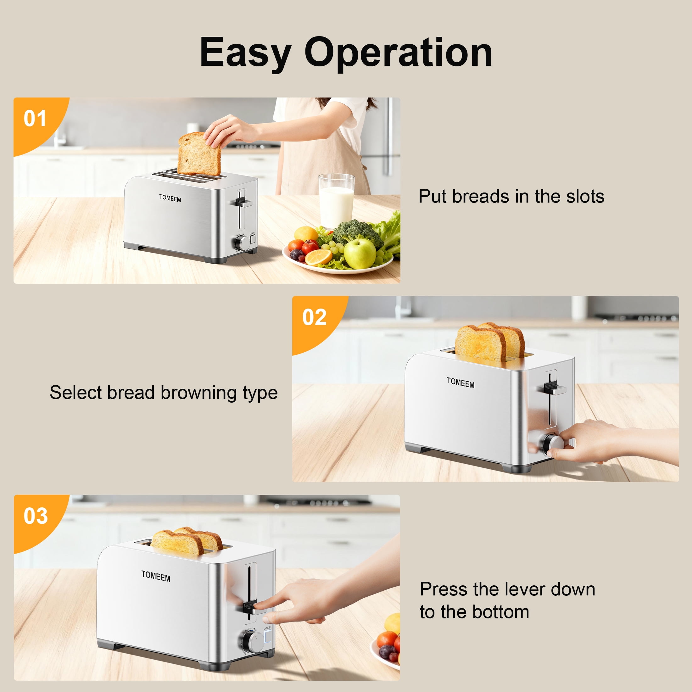 Tomeem 2-Slice Toaster with 6 Shade Settings, Removable Crumb Tray and Self-centering Guide, Stainless Steel - Image 5
