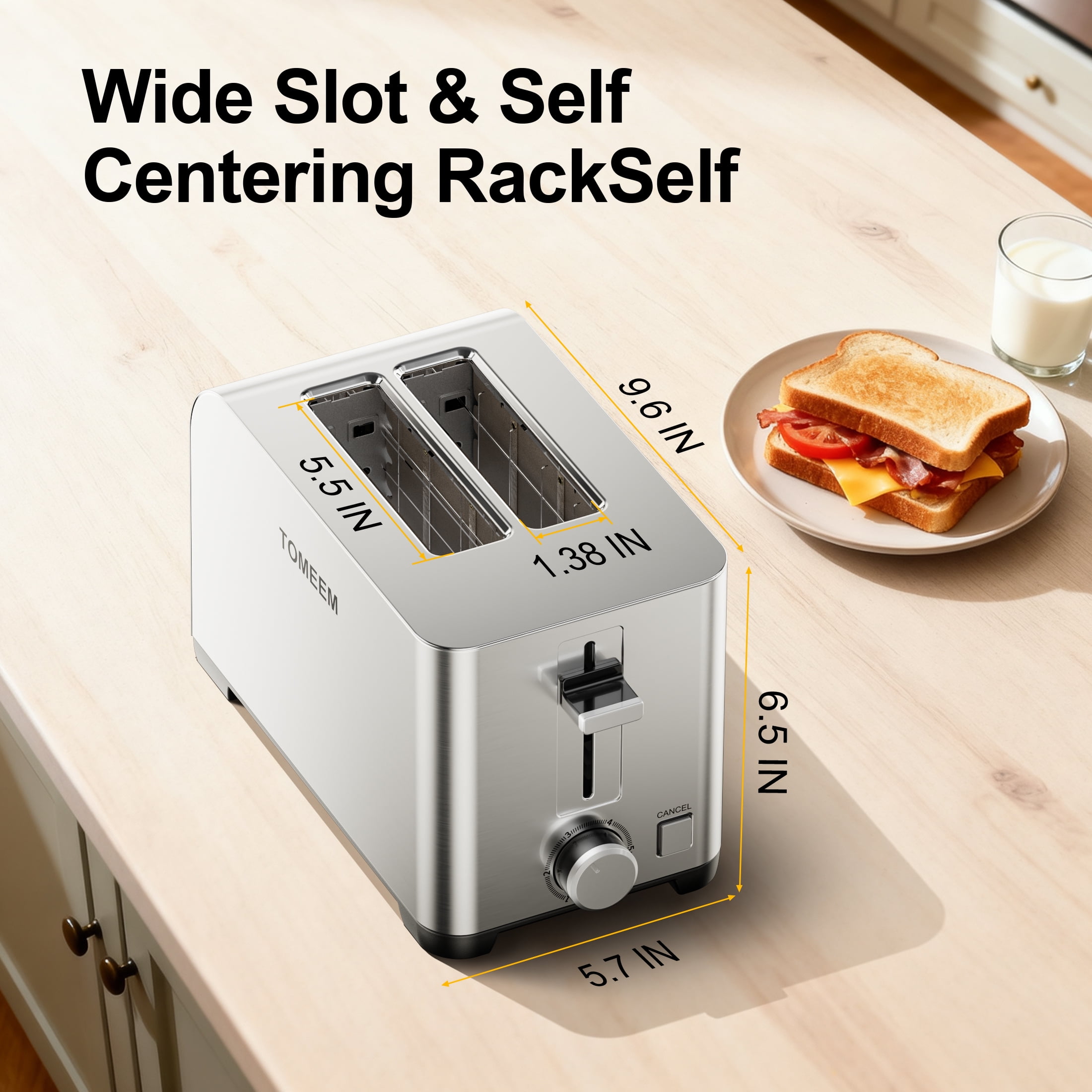 Tomeem 2-Slice Toaster with 6 Shade Settings, Removable Crumb Tray and Self-centering Guide, Stainless Steel - Image 6