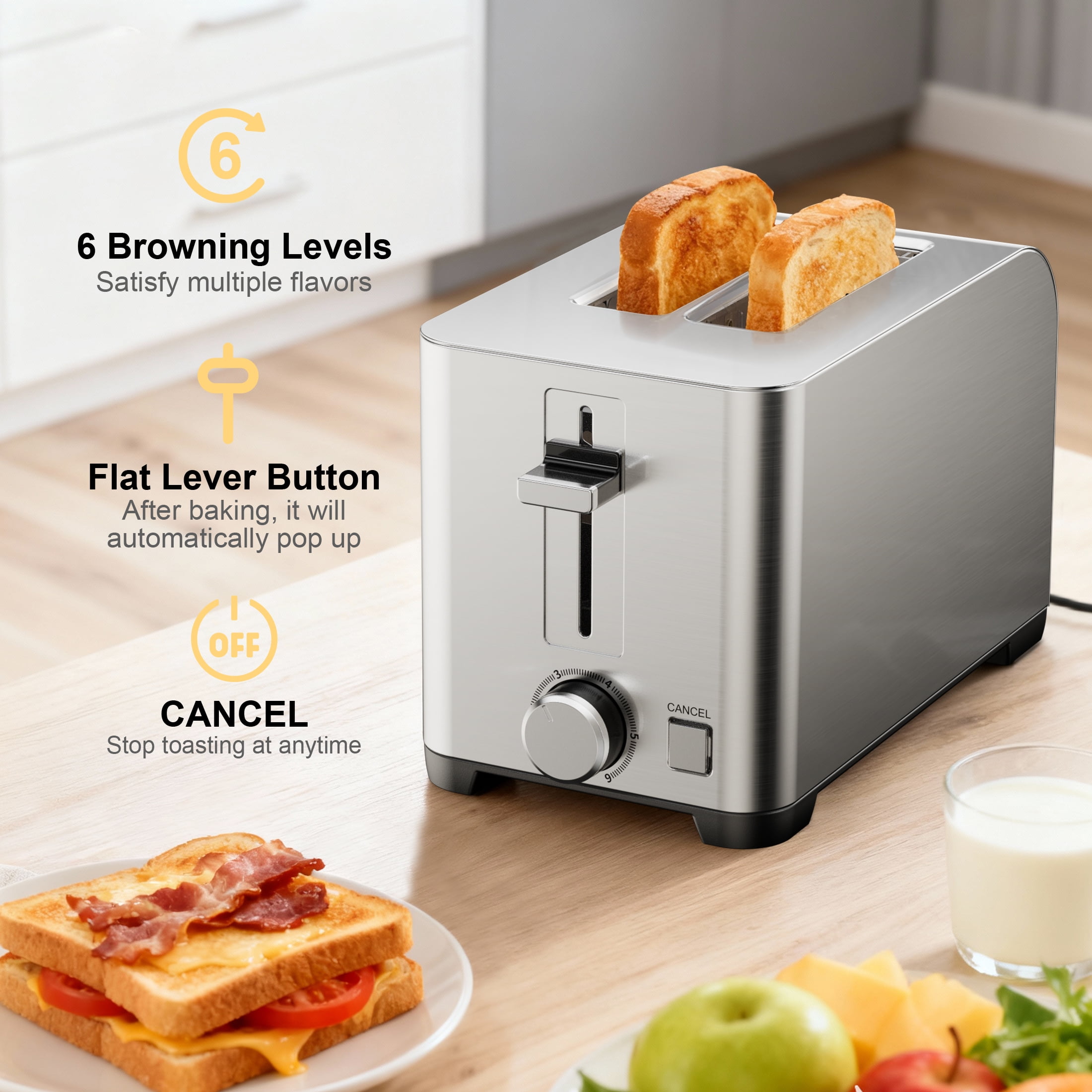 Tomeem 2-Slice Toaster with 6 Shade Settings, Removable Crumb Tray and Self-centering Guide, Stainless Steel - Image 8