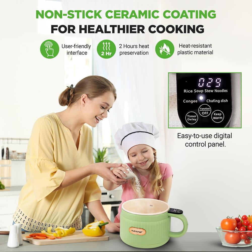 1.6L Portable Electric Rice Cooker, Multi-Functional with Non-Stick Ceramic Coating, Digital Control Panel, 6 Optional Functions, Anti-Burn Dry, Automatic Power-Off (Green) - Image 3