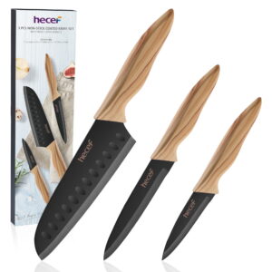 Hecef 3PCS Kitchen Knife Set, Stainless Steel Blades with Non-Stick Coating, Professional Sharp Chef Knives