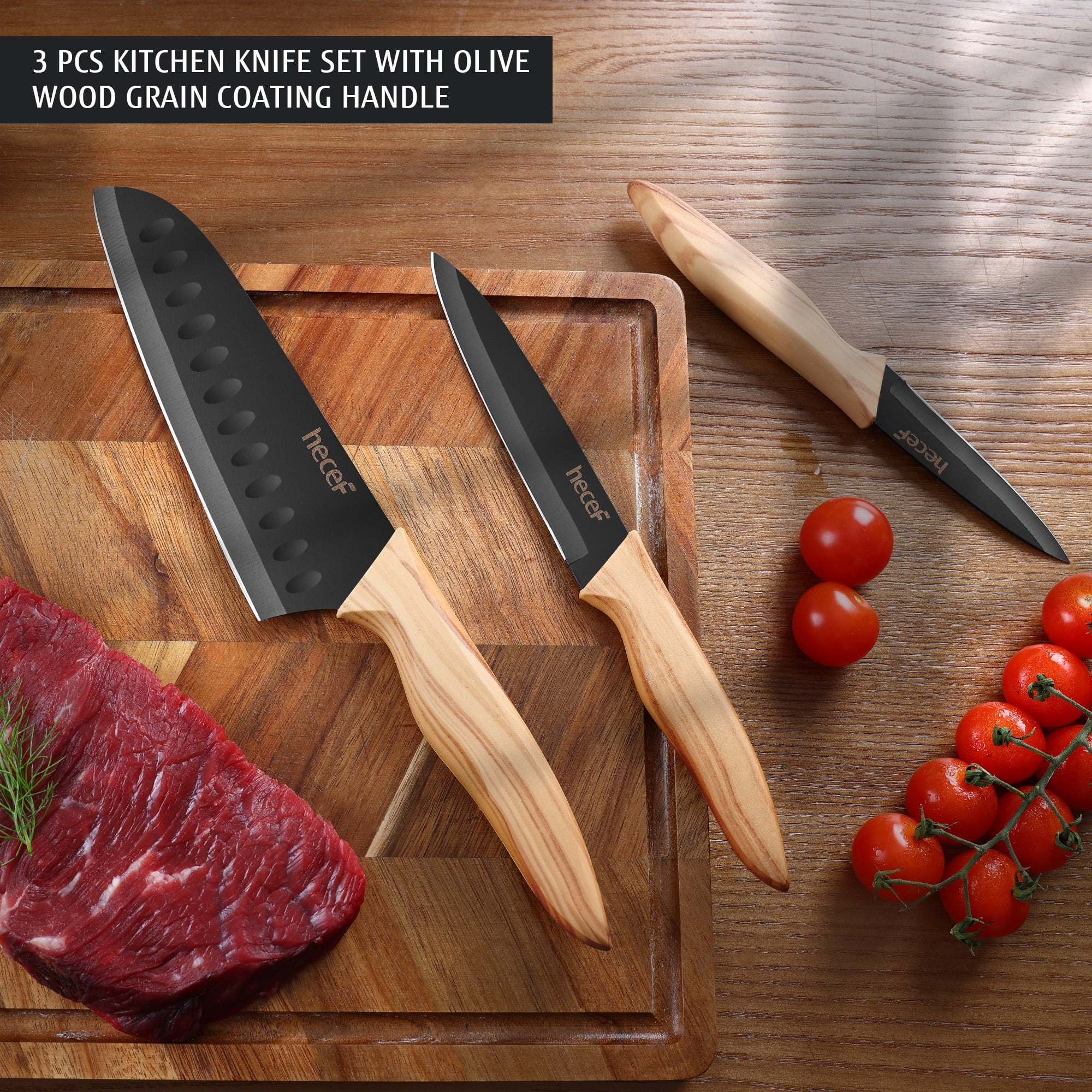 Hecef 3PCS Kitchen Knife Set, Stainless Steel Blades with Non-Stick Coating, Professional Sharp Chef Knives - Image 7