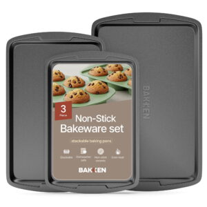 Bakken- Swiss Kitchen Baking Pan Set - Nonstick Coating, Commercial Grade Carbon Steel, Baking Kitchen Essentials, Oven Safe Tray (up to 450° F), Set of 3, Gray