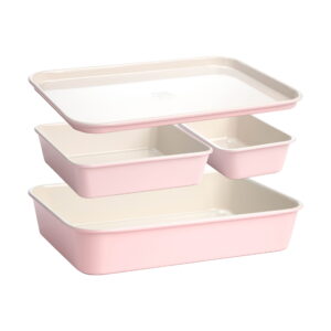 Paris Hilton 4-Piece Ceramic Nonstick Bakeware Set for Kitchen with Baking Sheet Pan, Cookie Sheet, Cake & Loaf Pan, Pink