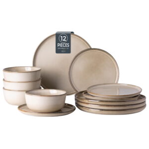 AmorArc Ceramic Dinnerware Sets for 4, 12 Pieces Stoneware Plates and Bowls Sets, Scratch Resistant Dishes, Dishwasher & Microwave Safe, Reactive Glaze-Cappuccino (Service for 4)