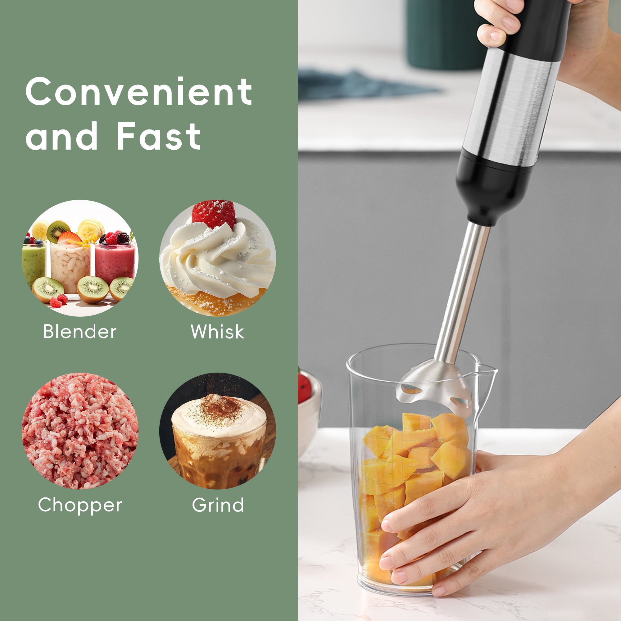 WHALL Cordless Immersion Blender, Rechargeable 5-in-1 Hand Blender with Whisk, Milk Frother Attachments, Portable Stick mixed,700ml Beaker, 500ml Chopper - Image 2