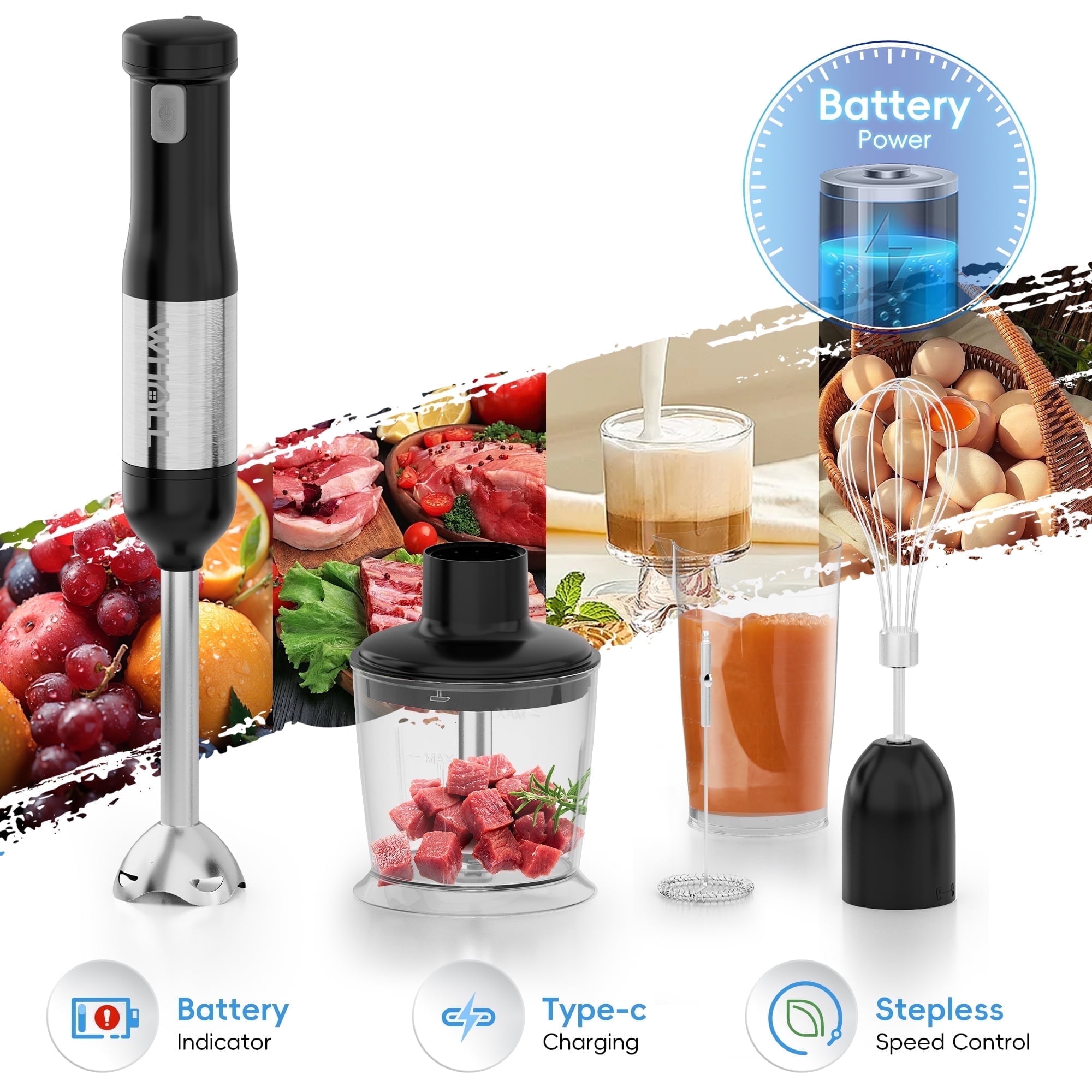 WHALL Cordless Immersion Blender, Rechargeable 5-in-1 Hand Blender with Whisk, Milk Frother Attachments, Portable Stick mixed,700ml Beaker, 500ml Chopper - Image 4